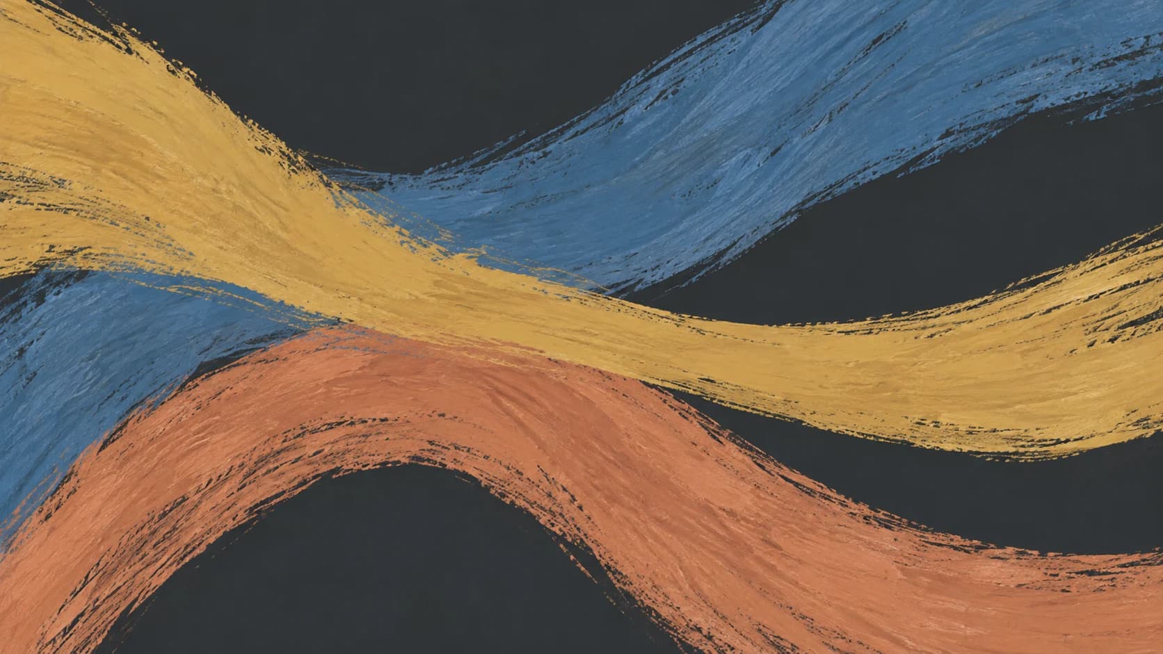 Broad slate blue, ochre and terracotta painted gestures curve across a charcoal field and separate toward different edges.