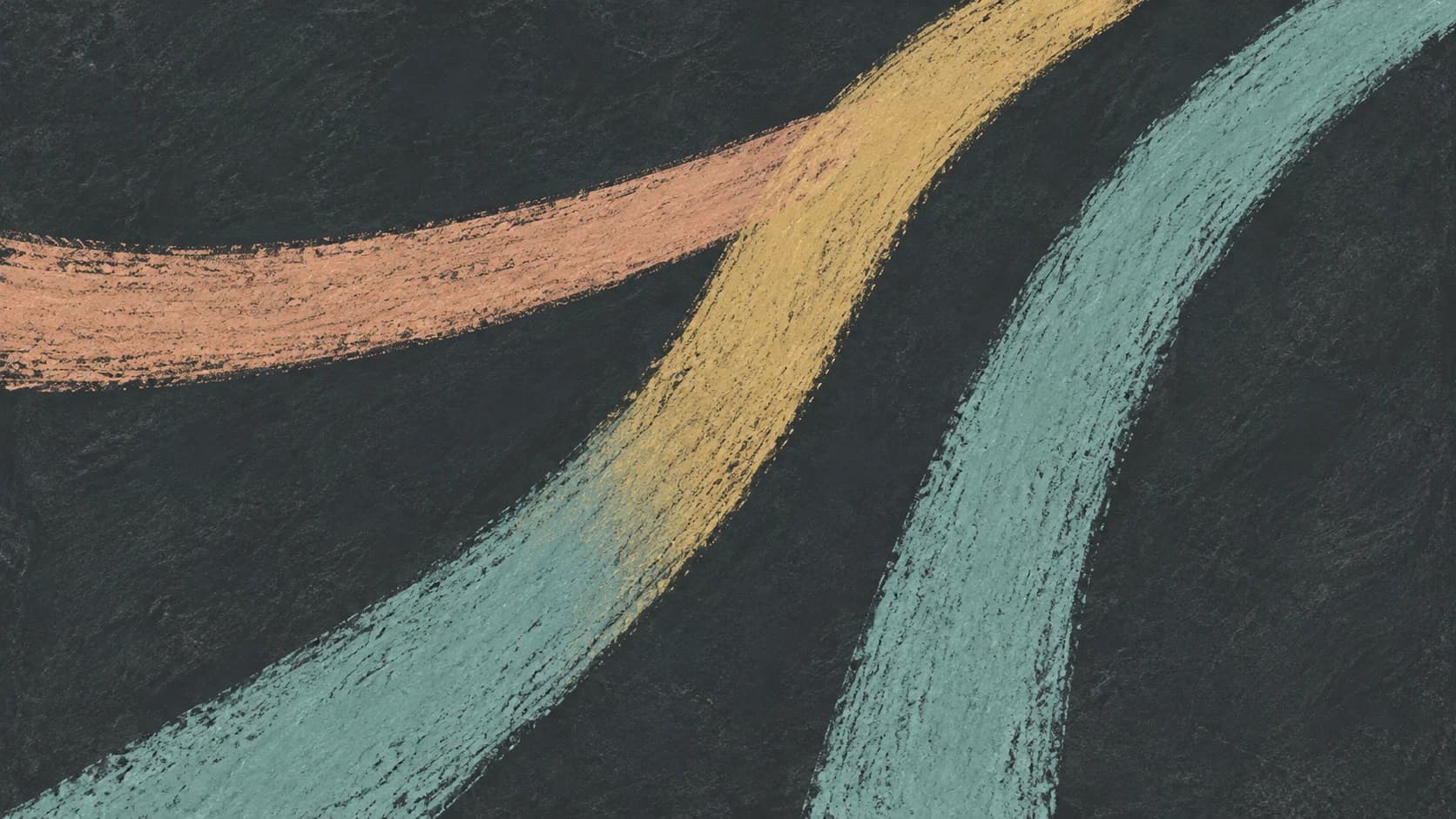 Broad turquoise and ochre chalk bends rise across slate, joined by a peach stroke.