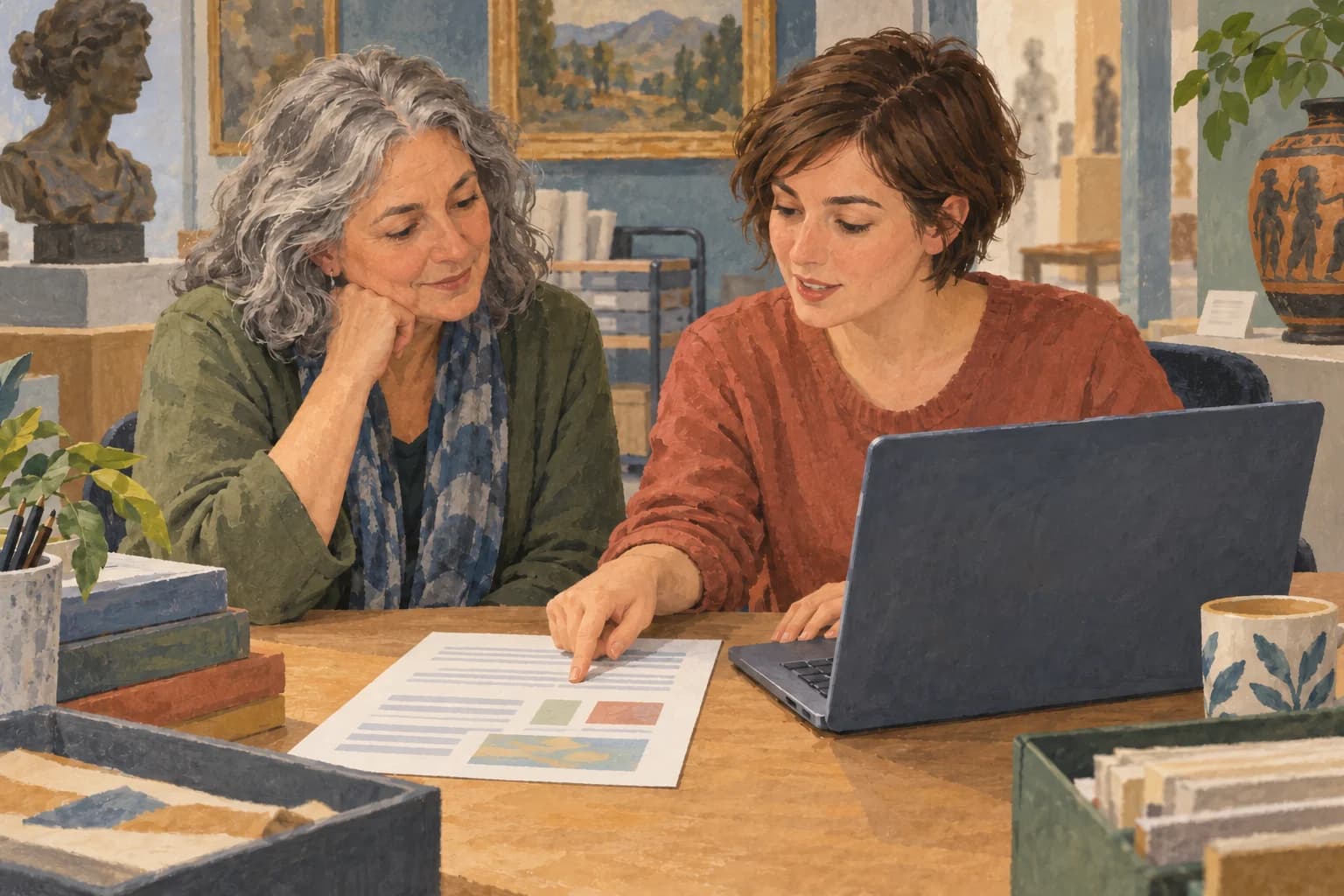 A new museum visitor-services employee works at a laptop and checks a guide while an experienced colleague listens beside her.