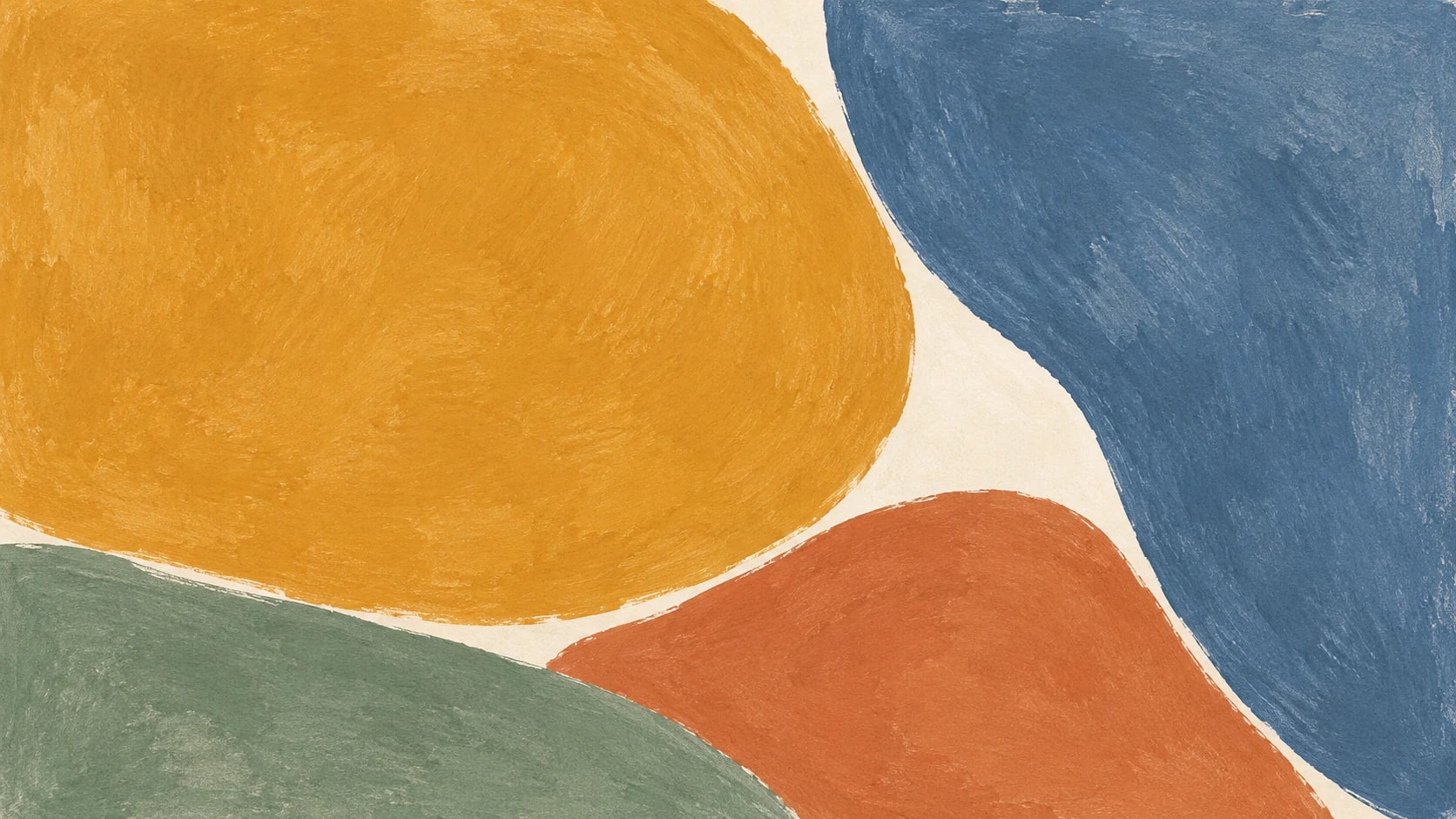 A broad ochre oval meets slate blue, terracotta and sage pigment impressions across warm ivory paper.