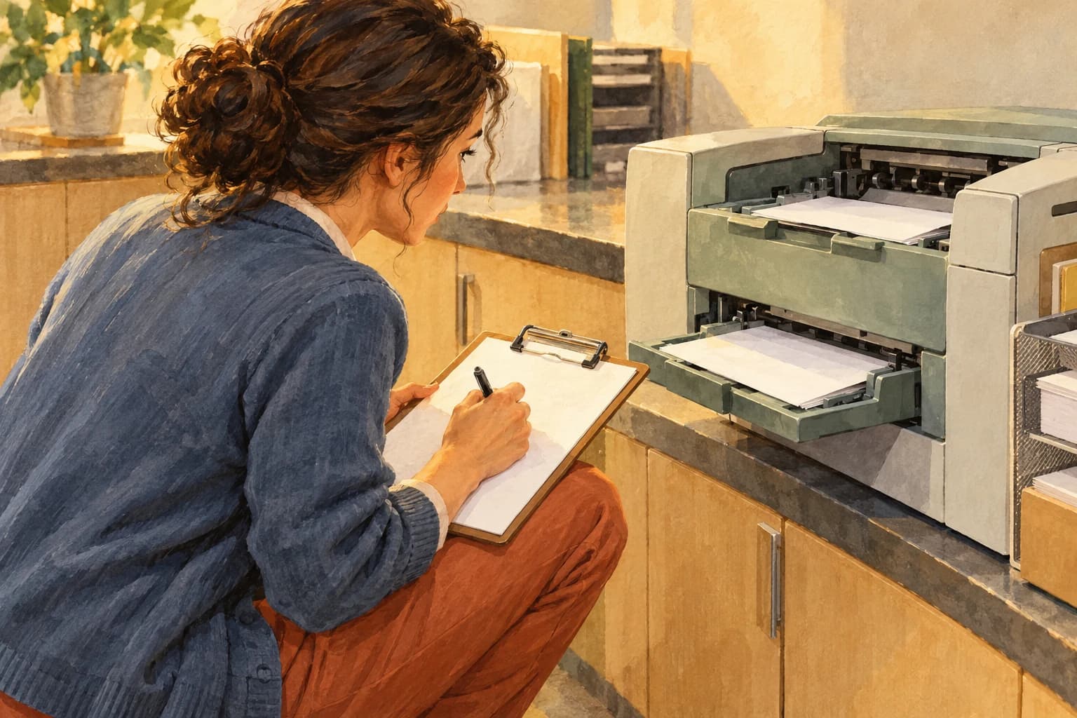 A branch coordinator crouches beside a counter printer and records fault observations on a clipboard facing them.