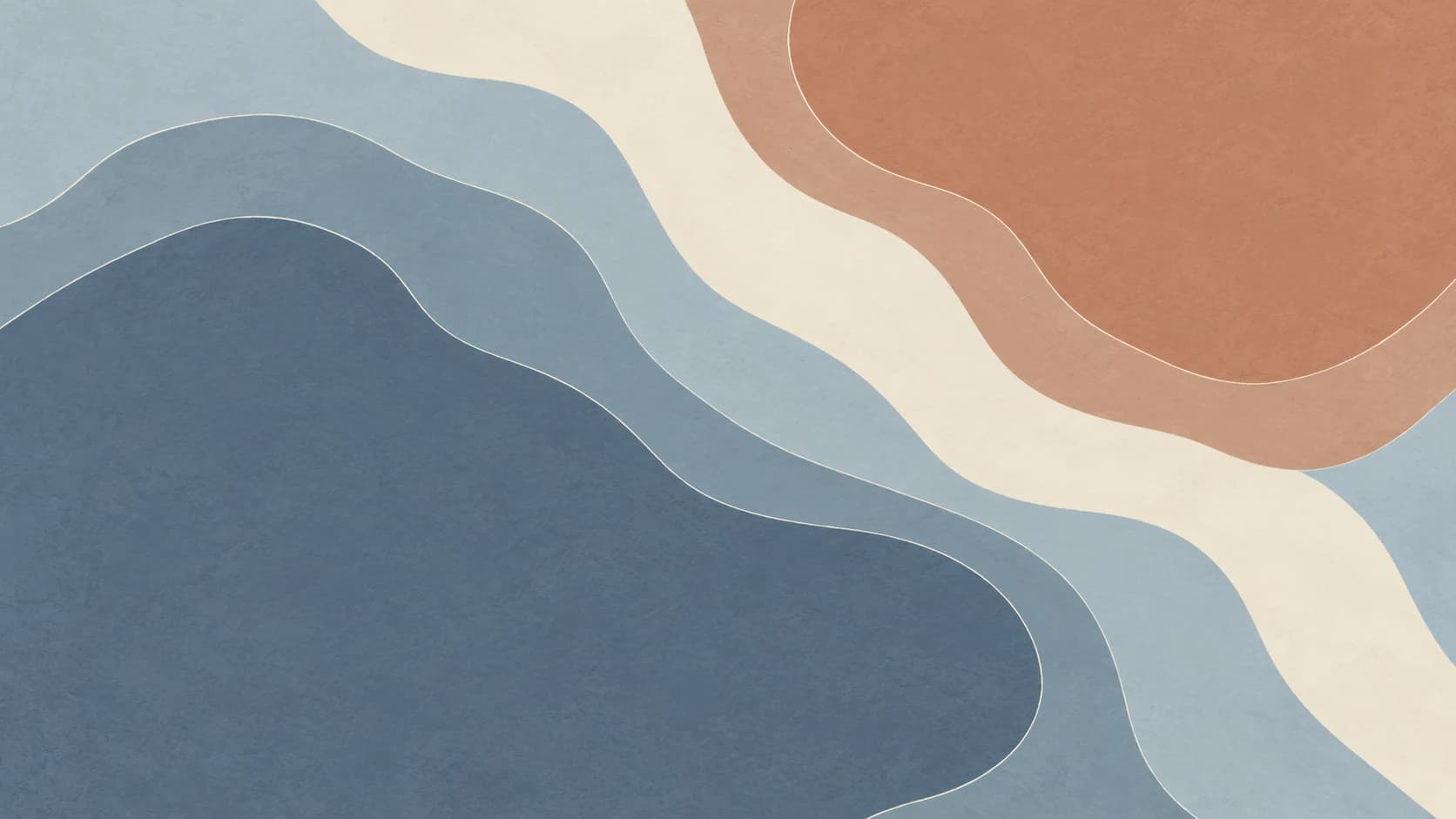 Broad slate and clay contour basins meet a curved ivory saddle across a soft blue-grey field.
