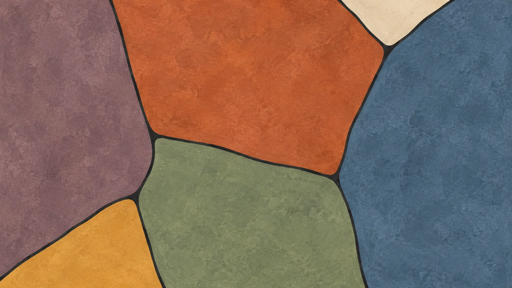 Broad mauve and slate-blue mosaic pieces meet terracotta, sage, ochre and ivory across a matte mineral surface.