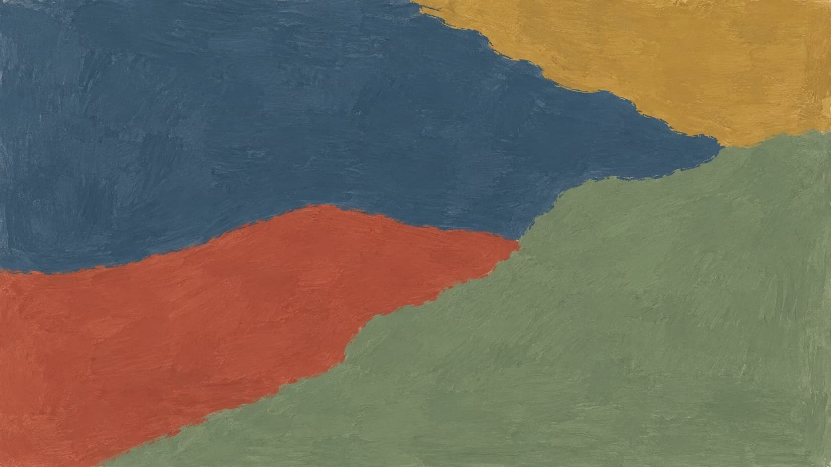 Broad slate, clay, sage and ochre pigment impressions balance in offset lateral sweeps.
