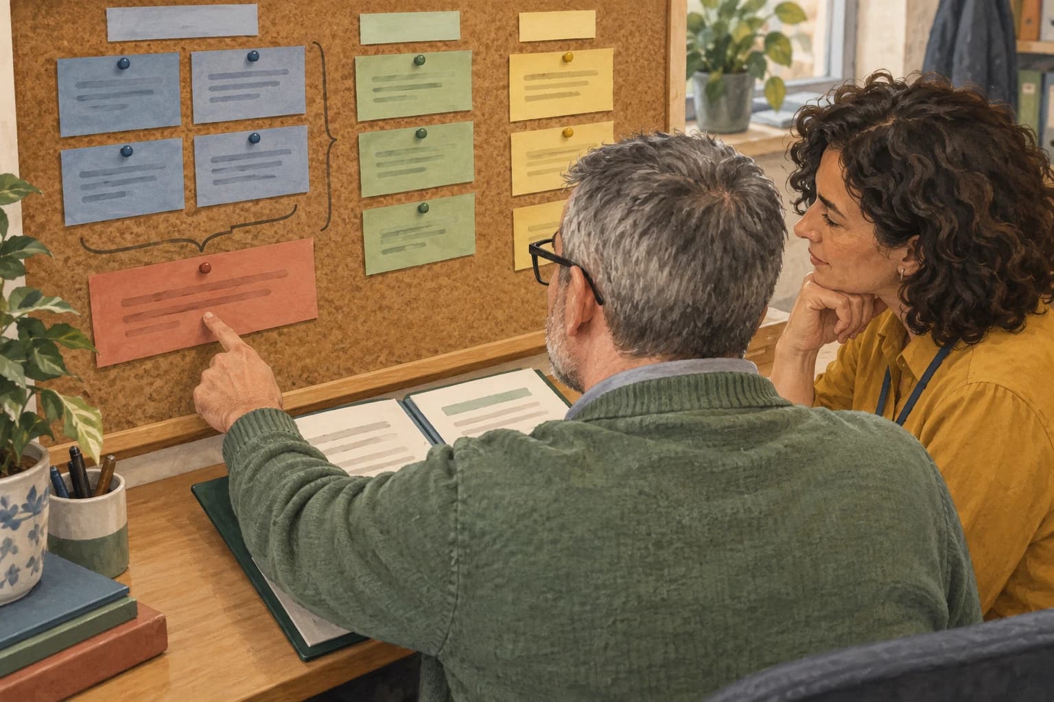 A school IT technician points out an added task on a shared work board while a department manager reviews the role folder beside them; the board and pages face both readers.