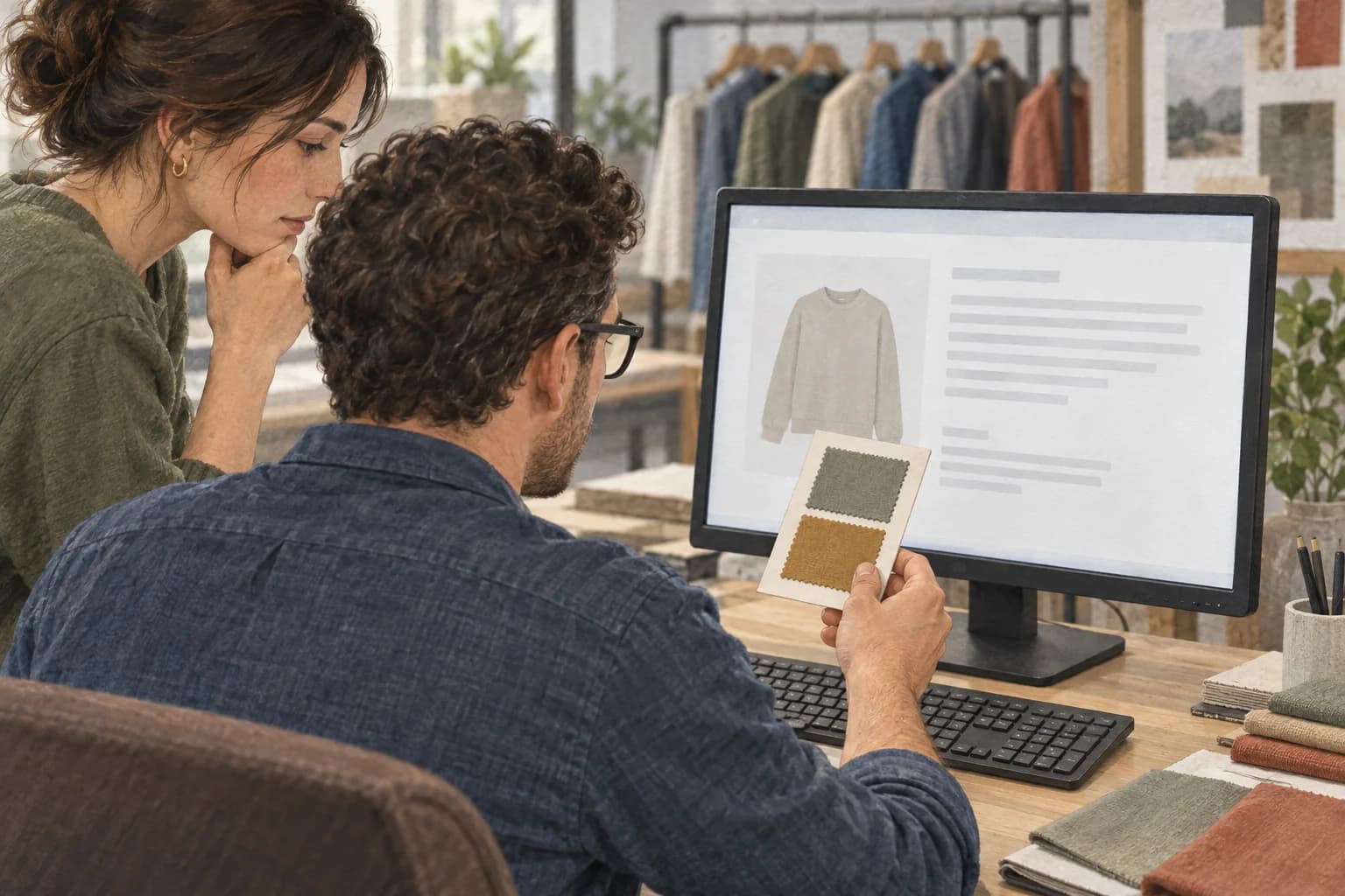 An apparel catalogue editor and a colleague compare fabric swatches with a product draft on a monitor. The card, screen and keyboard face the editor.