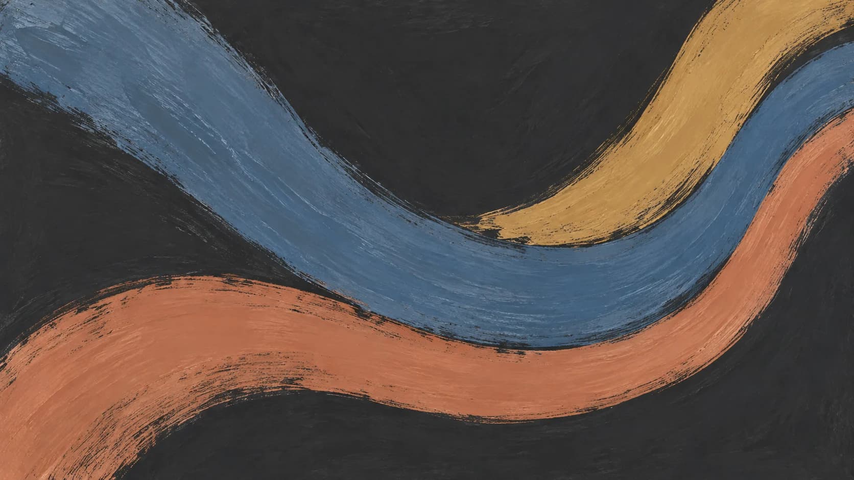 Broad slate blue, terracotta and ochre painted gestures curve into a shared direction across charcoal ground.