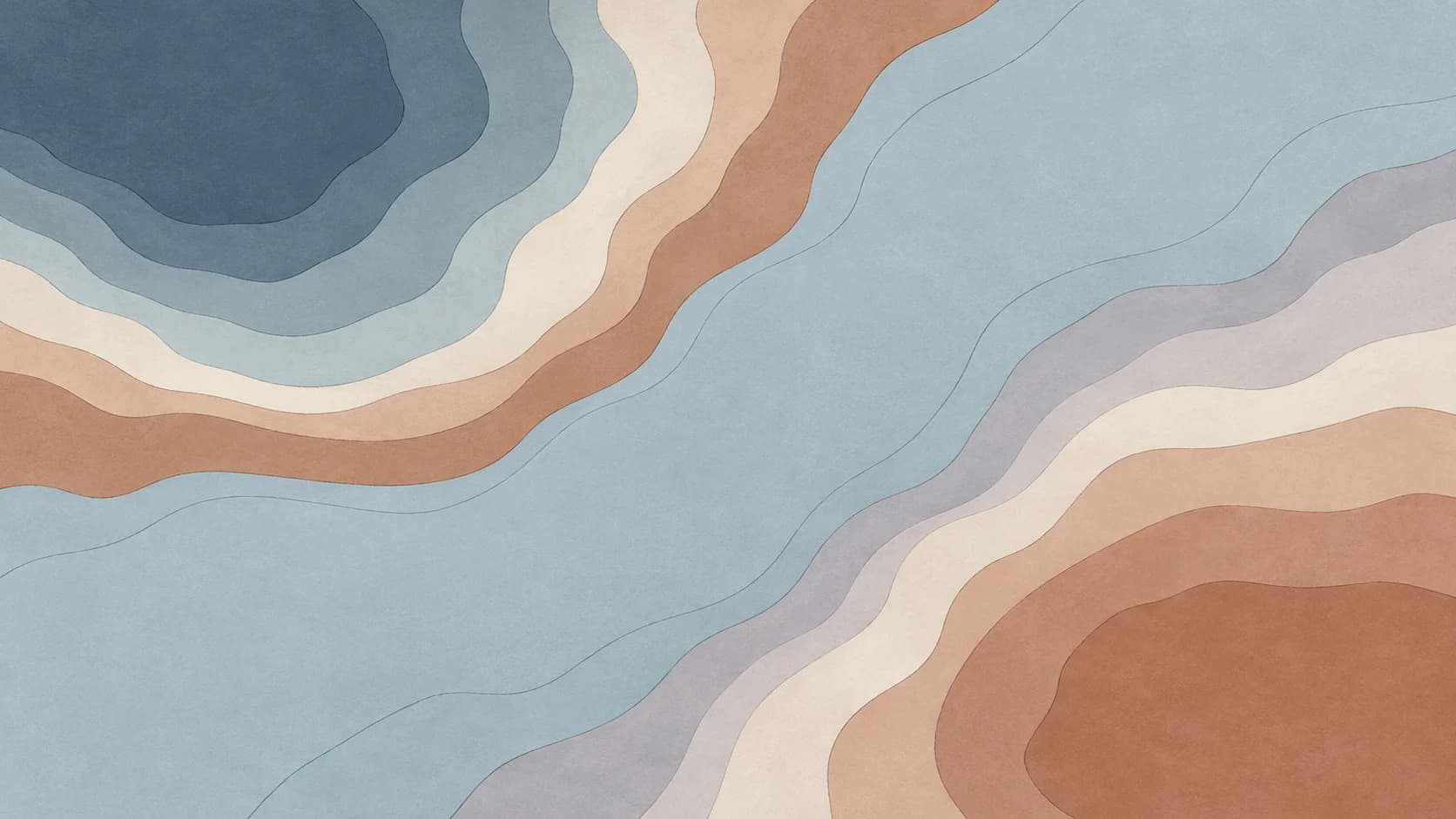 Broad slate and clay contour basins at opposite corners meet through a pale blue-grey central saddle, with ivory and lavender-grey bands.