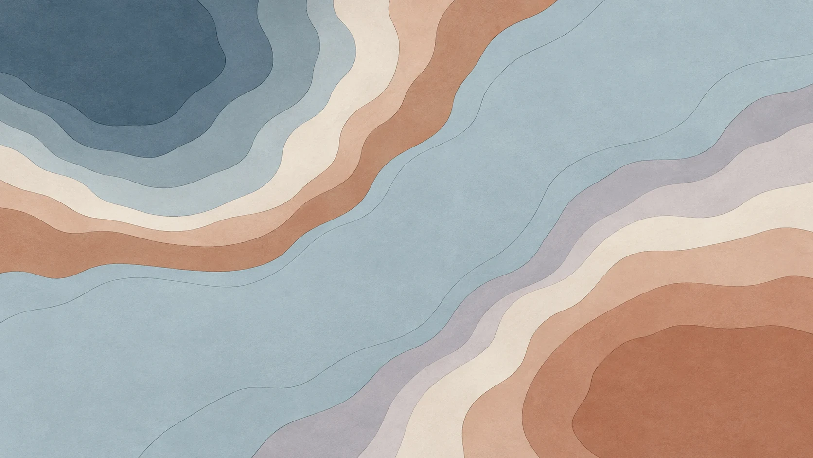 Broad slate and clay contour basins at opposite corners meet through a pale blue-grey central saddle, with ivory and lavender-grey bands.