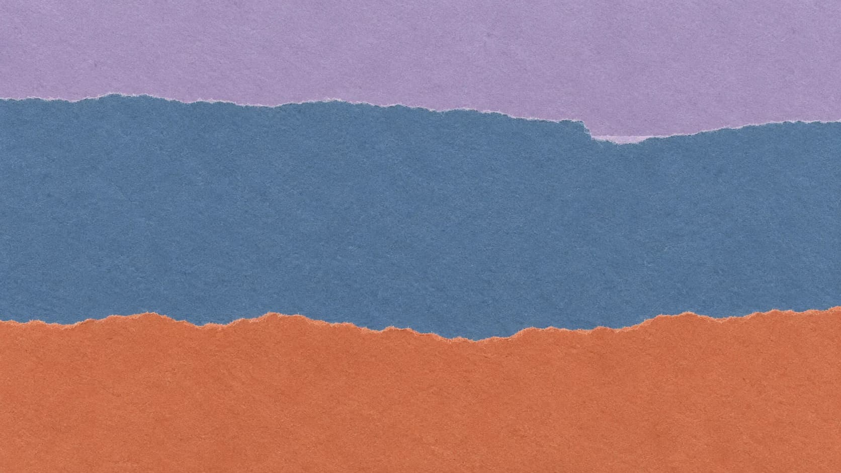 Broad lavender, slate-blue and terracotta paper bands meet along irregular torn edges, with a shallow break near the right side.