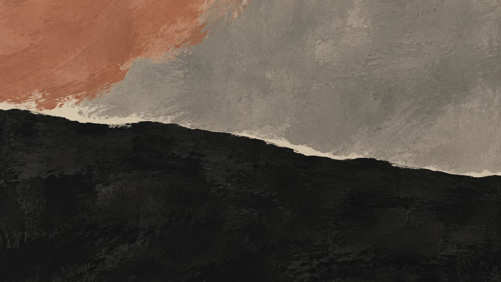 A broad charcoal ink field fills the lower frame beneath warm gray pigment, with clay entering from the upper left and a narrow ivory seam.