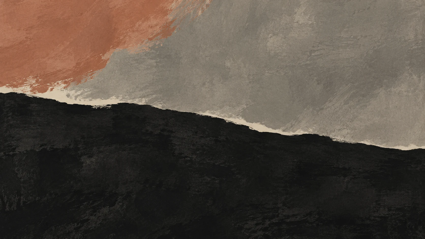 A broad charcoal ink field fills the lower frame beneath warm gray pigment, with clay entering from the upper left and a narrow ivory seam.