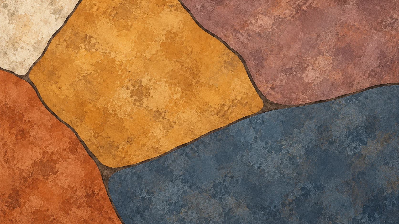 Five broad weathered ochre, slate, mauve, terracotta and ivory pigment pieces interlock along an off-centre diagonal seam.