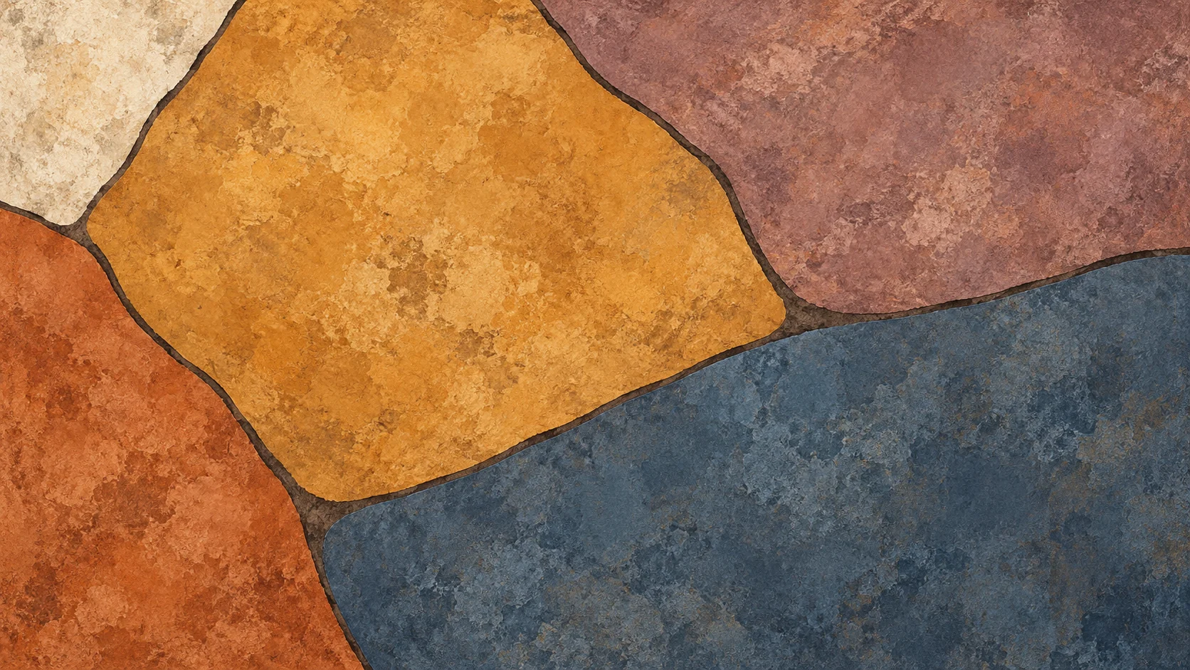 Five broad weathered ochre, slate, mauve, terracotta and ivory pigment pieces interlock along an off-centre diagonal seam.