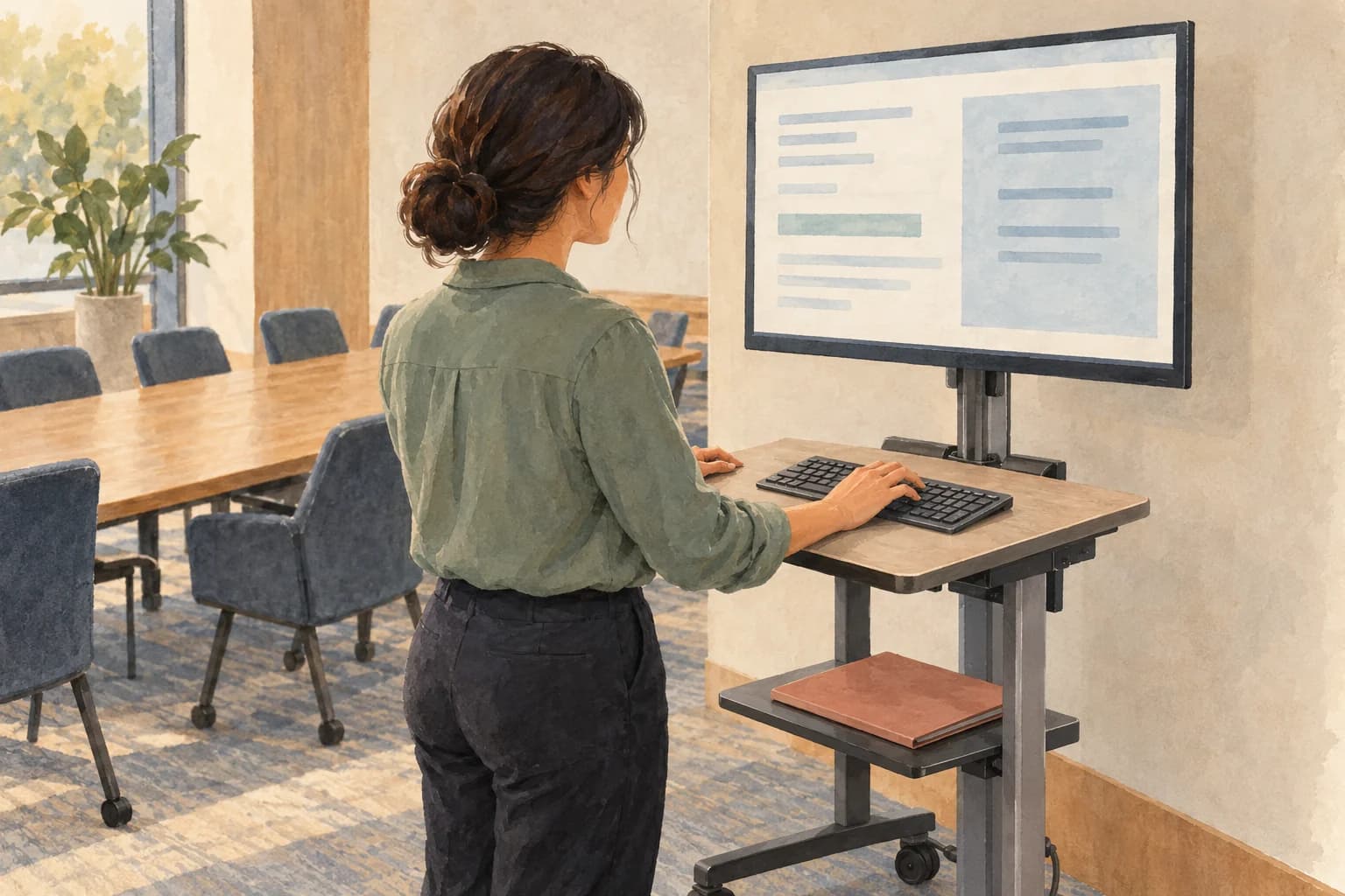 An employee uses a keyboard at a mobile lectern in an empty meeting room, rehearsing how to retrieve a meeting record from a screen facing her.