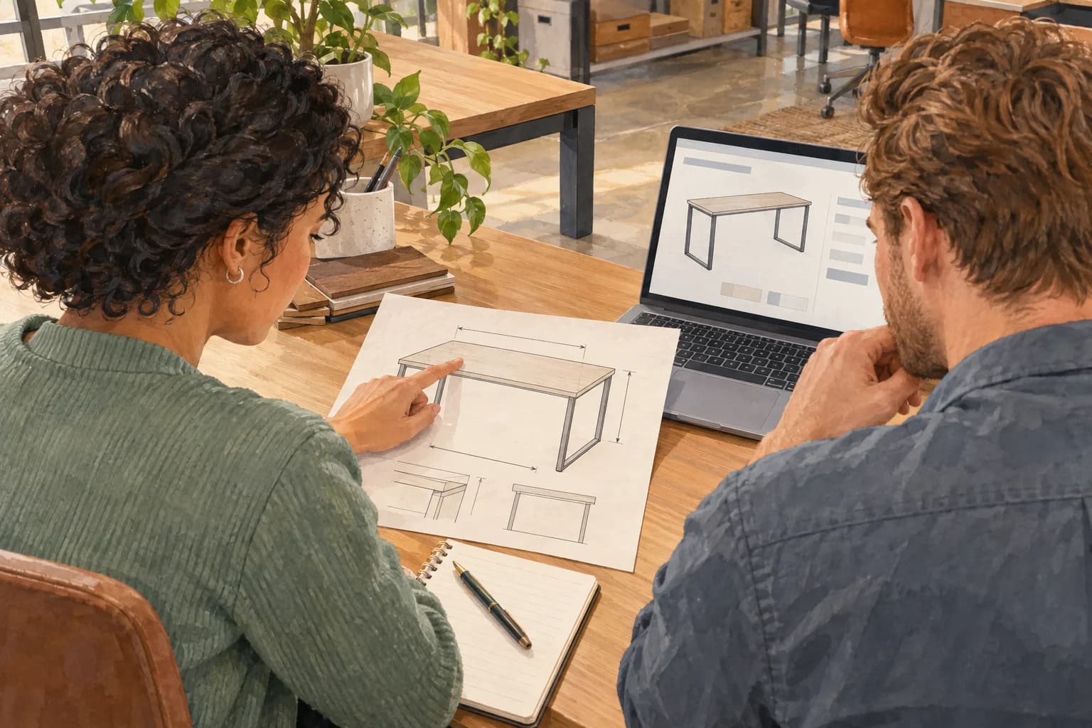 Two furniture-service colleagues compare an office-desk dimension drawing on a leaflet with the product drawing on a laptop, both facing them.