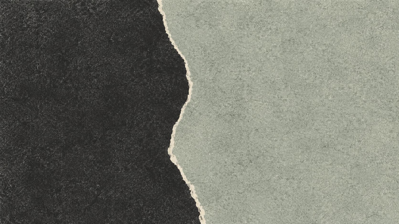 Broad charcoal and gray-green printed fields meet along a narrow irregular ivory boundary.