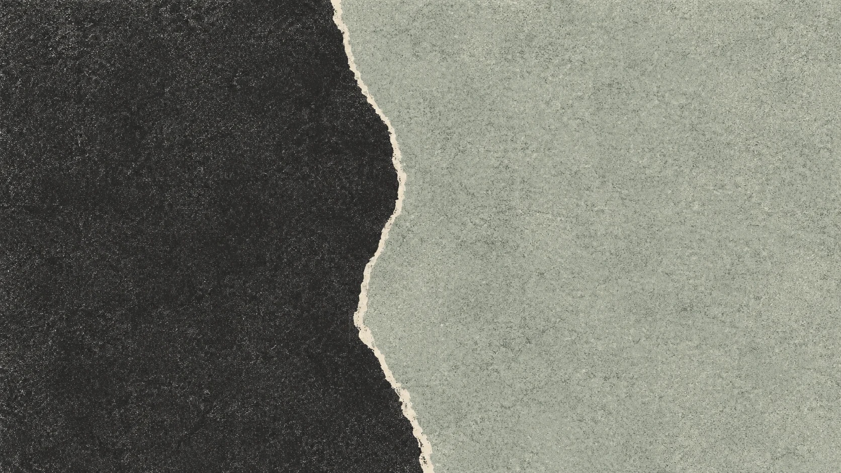 Broad charcoal and gray-green printed fields meet along a narrow irregular ivory boundary.