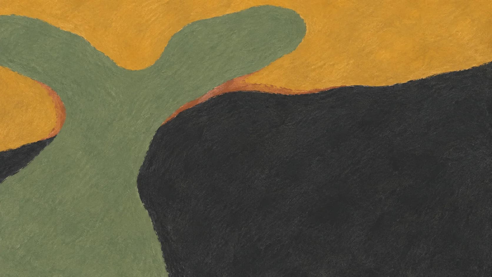 A broad sage pigment impression opens into two directions between ochre and charcoal fields.