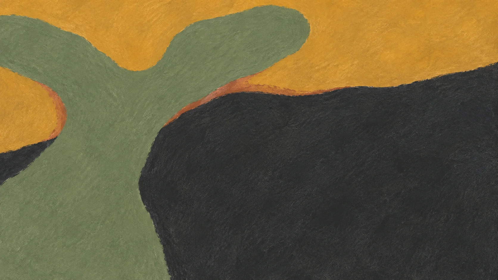 A broad sage pigment impression opens into two directions between ochre and charcoal fields.