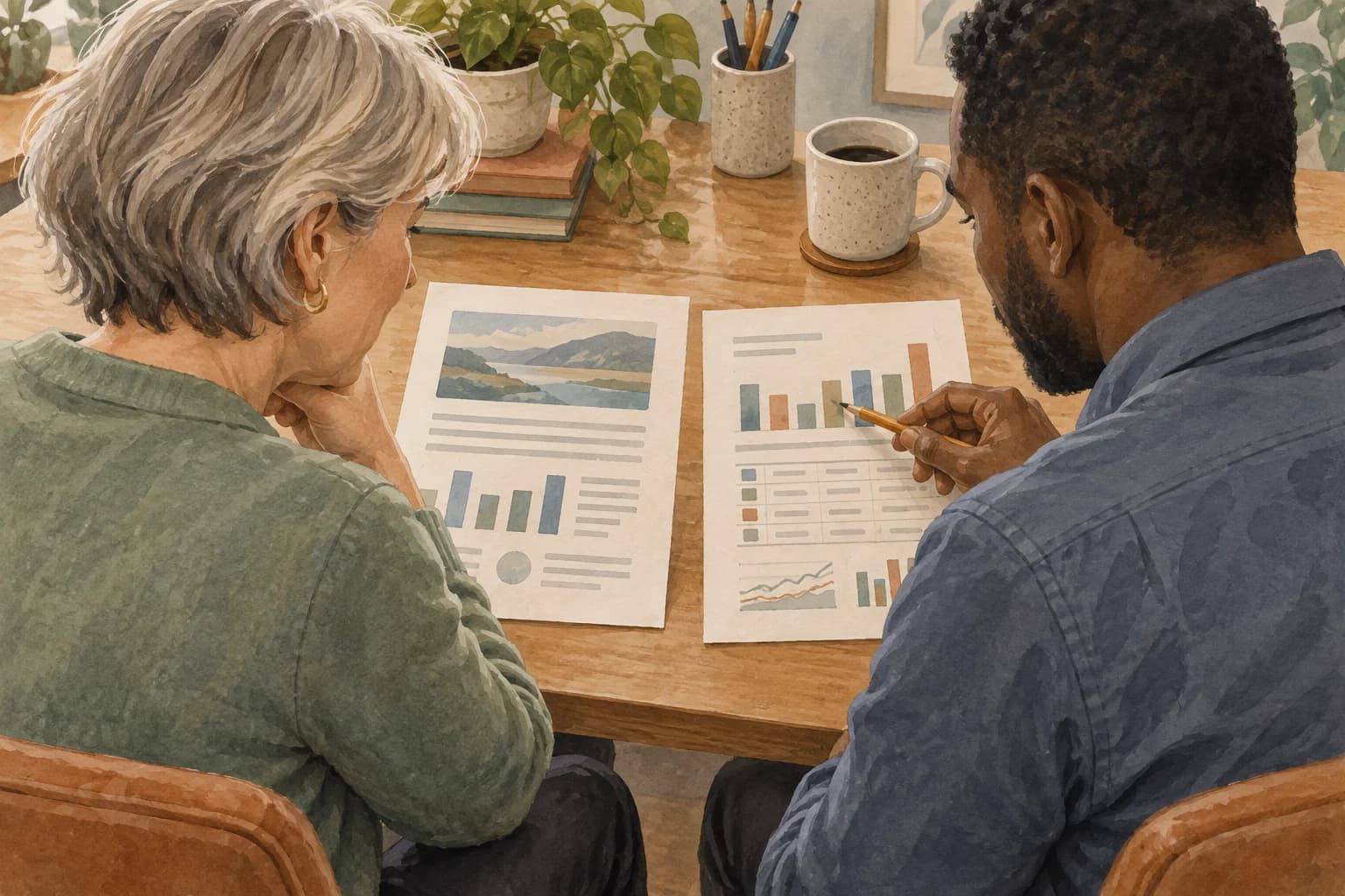 Two colleagues seated side by side compare a printed case report with local work records, with the papers facing them and a pencil marking a point to investigate.