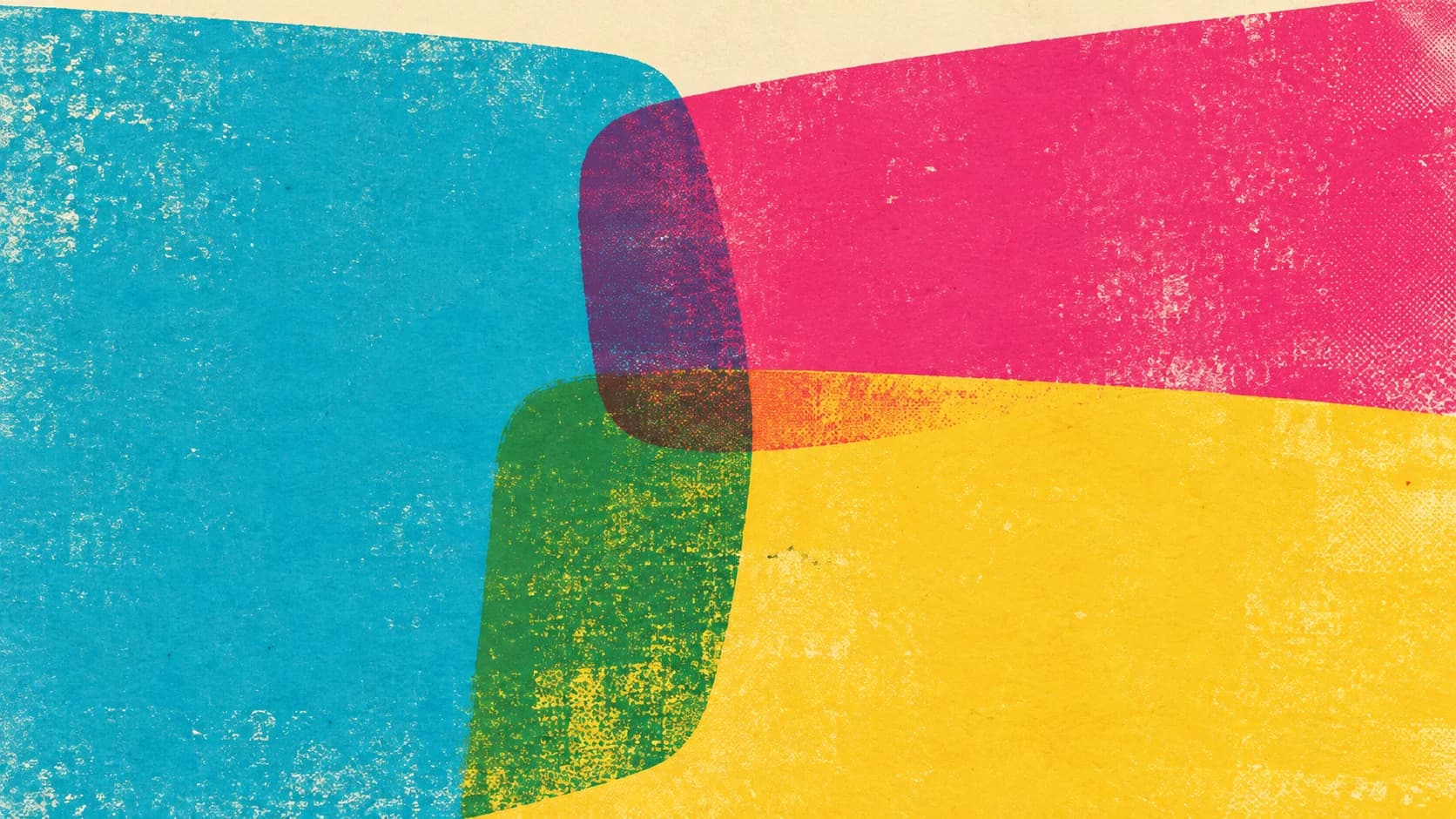 Broad cyan, magenta and yellow printed fields overlap with different boundaries on warm paper.