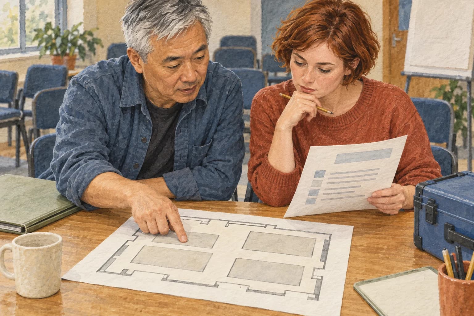 Two course coordinators compare a joining-instruction sheet with a venue floor plan at a table in a training room.