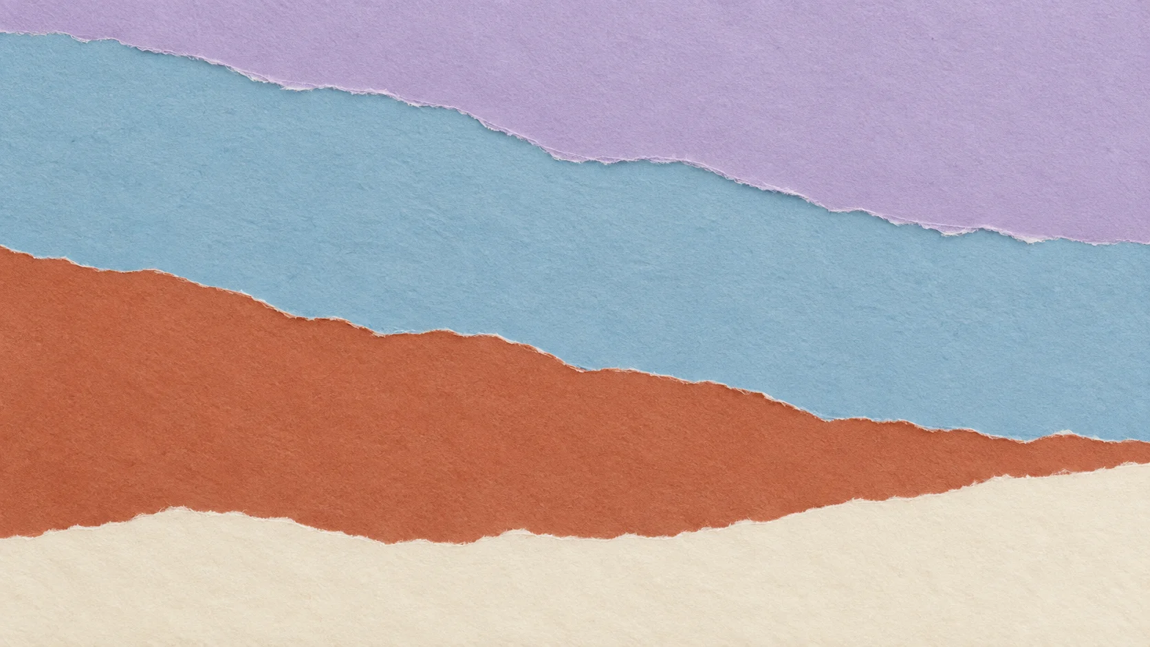 Broad torn-paper horizons in lavender, sky blue, terracotta and ivory overlap across the frame.