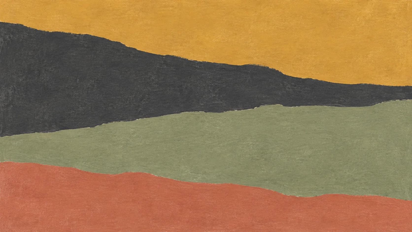 Broad ochre, charcoal, sage and terracotta pigment fields meet along irregular horizontal boundaries.