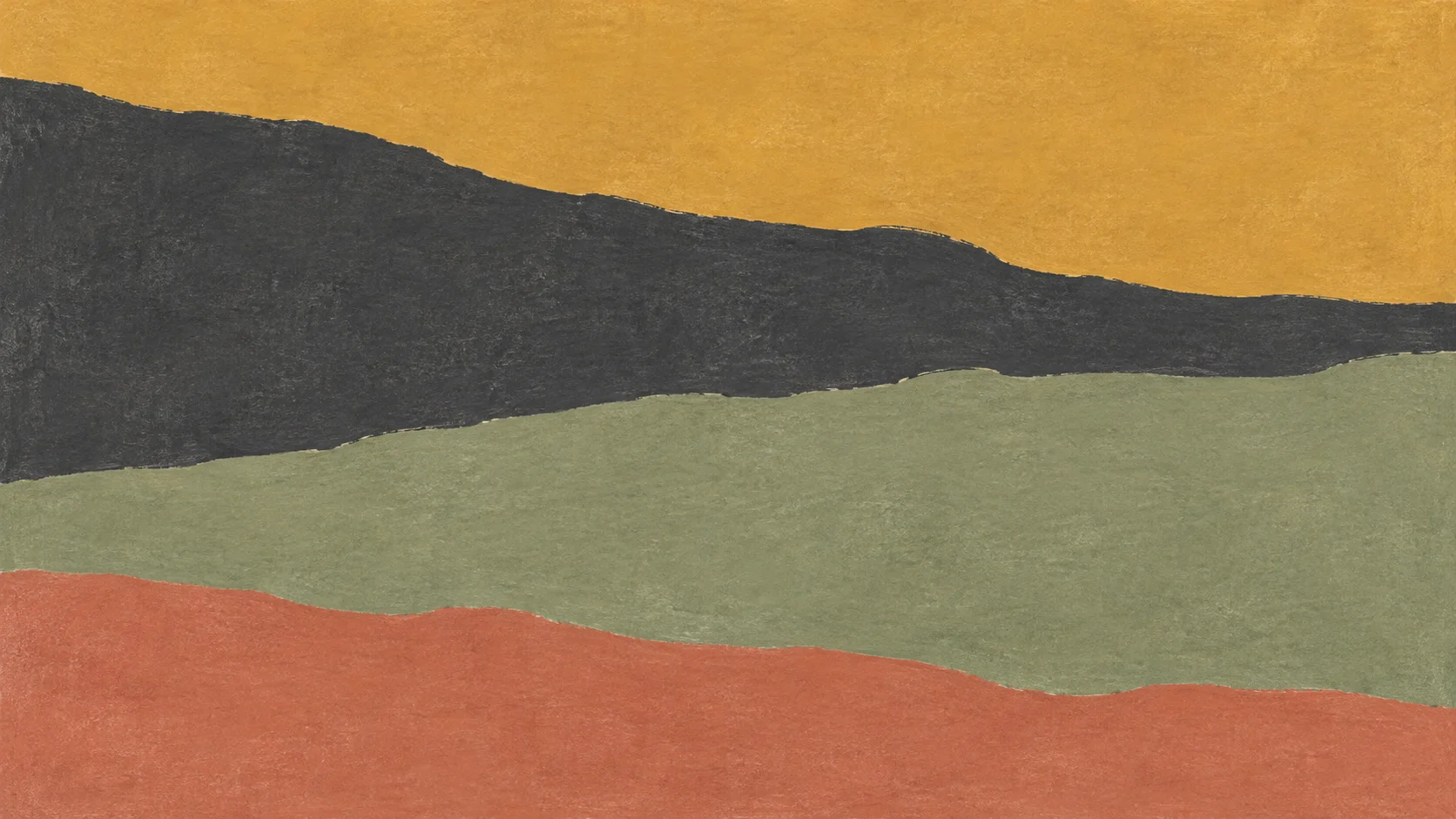 Broad ochre, charcoal, sage and terracotta pigment fields meet along irregular horizontal boundaries.