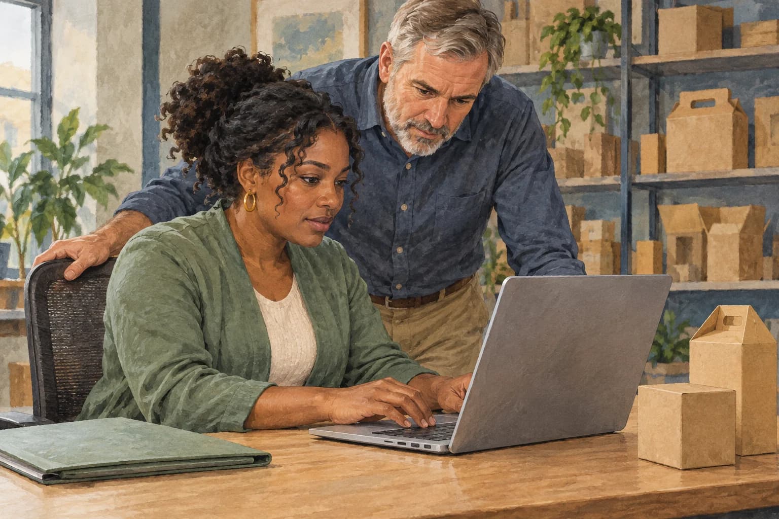 A customer-service coordinator and standing coach inspect a laptop facing them, beside a closed product folder and cardboard packaging samples.