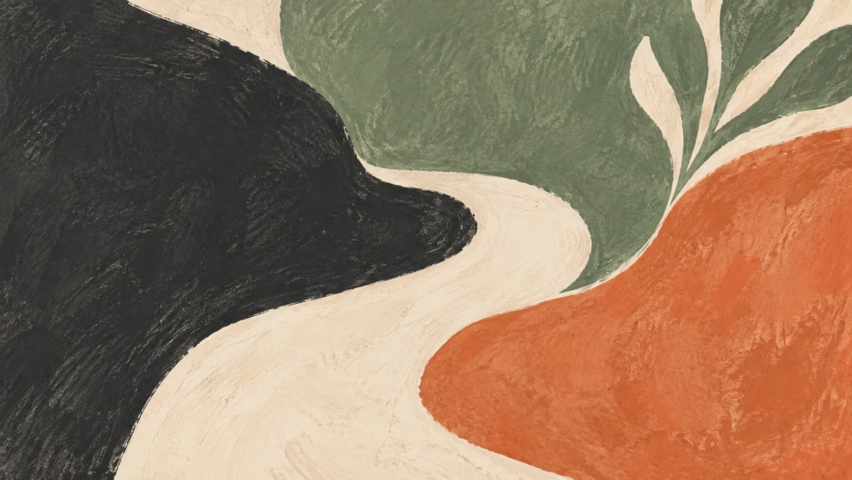 An ivory passage branches between charcoal, sage and terracotta painted fields.