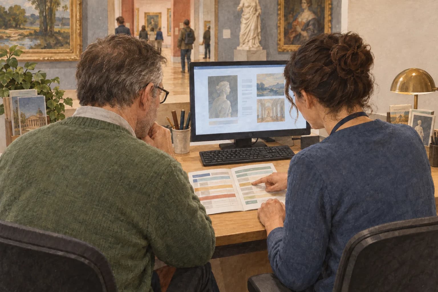 Two museum colleagues sit beside each other reviewing visitor information, with their monitor, keyboard and open paper schedule facing them.