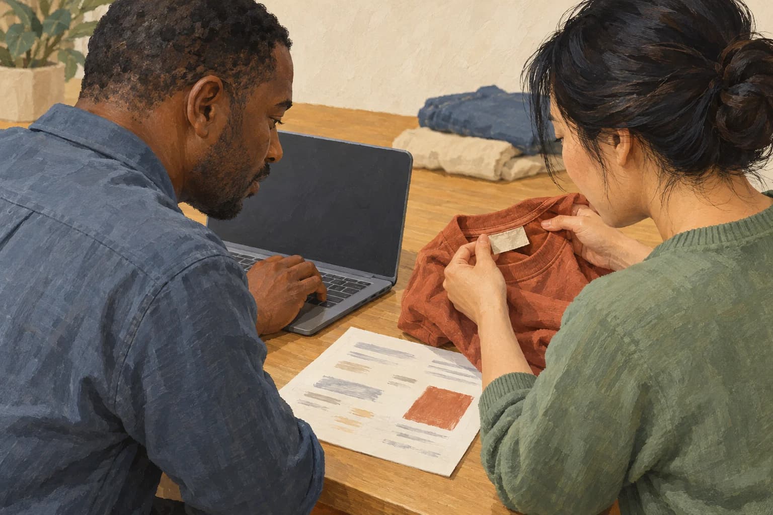 A retail catalog manager and editor inspect a shirt's care label beside a manufacturer sheet and a laptop facing them.