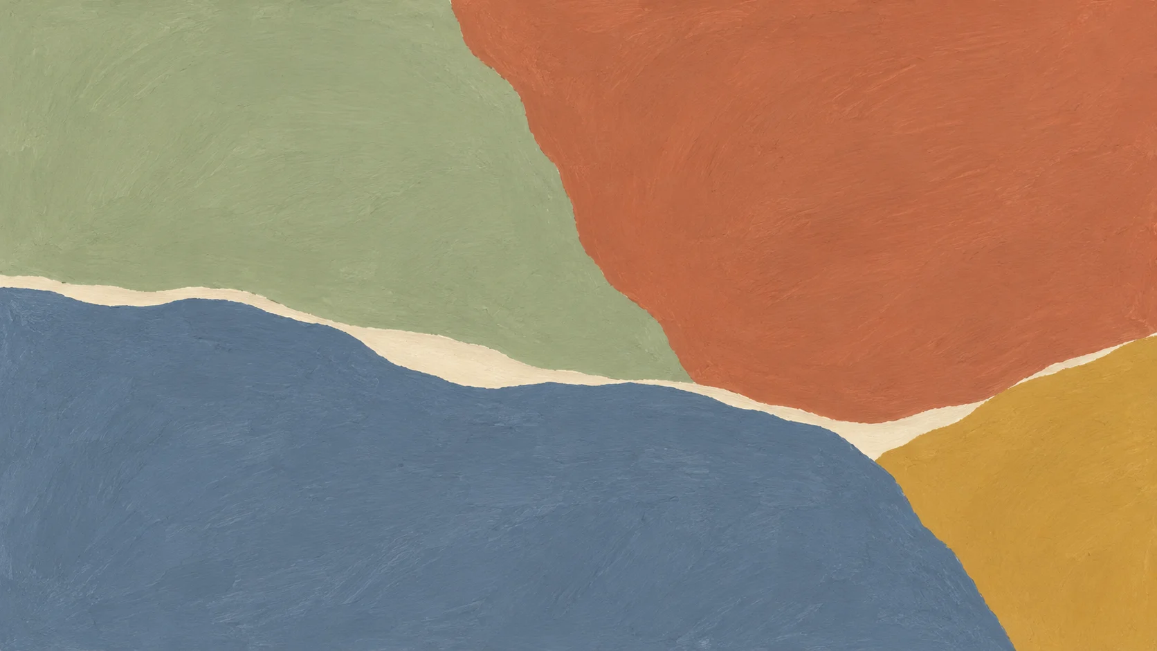 Broad sage and terracotta pigment fields balance above a slate-blue sweep and an ochre edge.