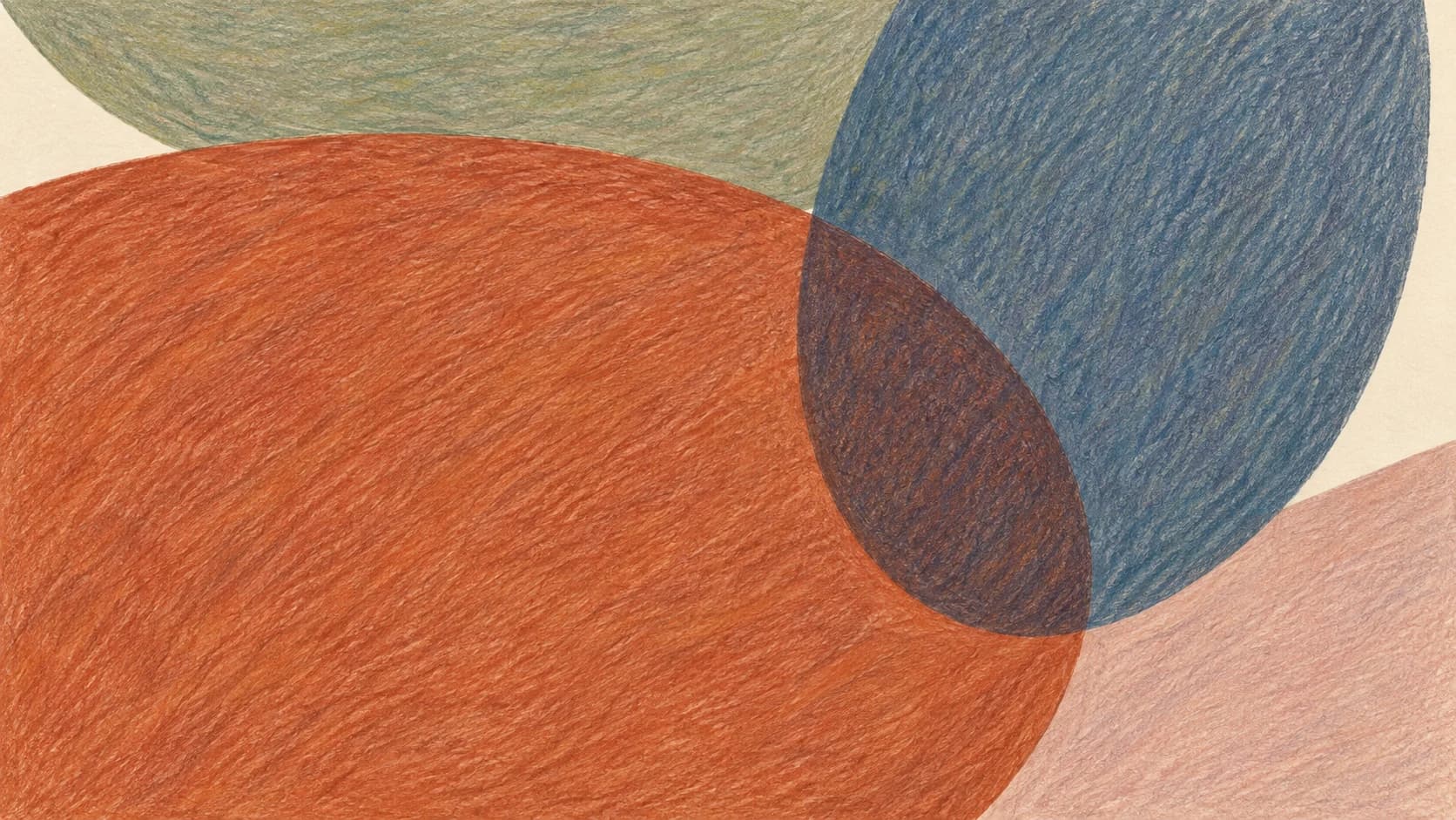 Broad curved slate-blue and terracotta pencil fields overlap beside a sage form across opaque ivory paper.