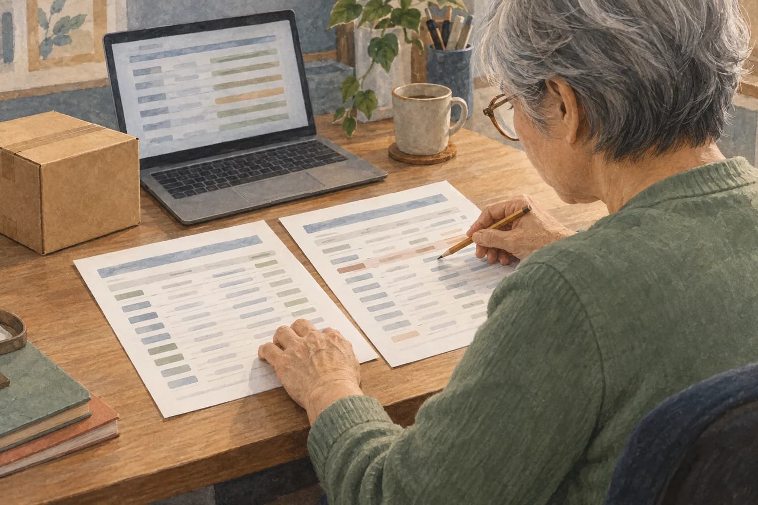 A purchasing coordinator checks two supplier quotation sheets beside a laptop and sample carton. The pages, keyboard and screen face her as she points to a row with a pencil.