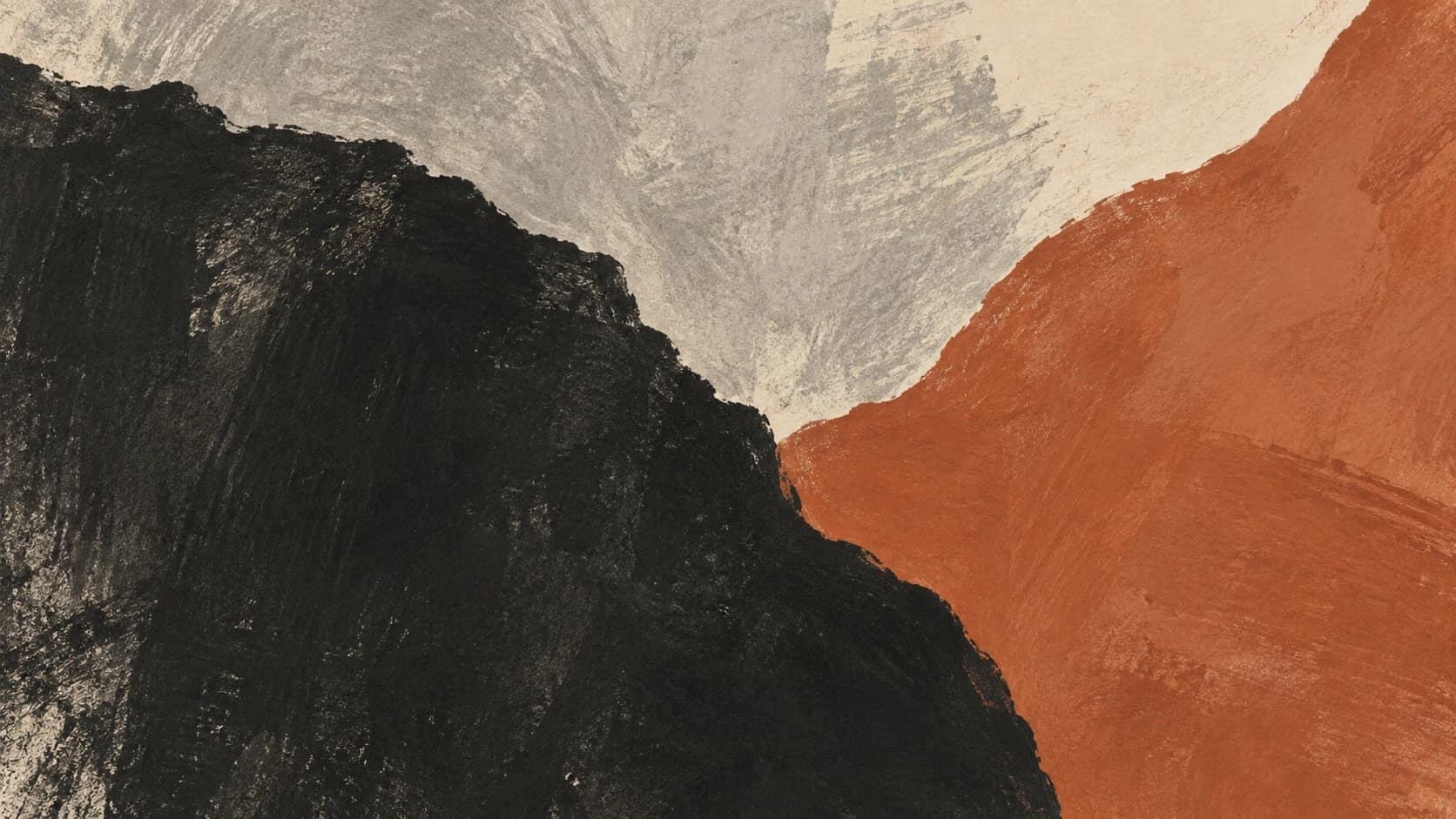 Charcoal, gray and terracotta pigment fields meet at a textured boundary.