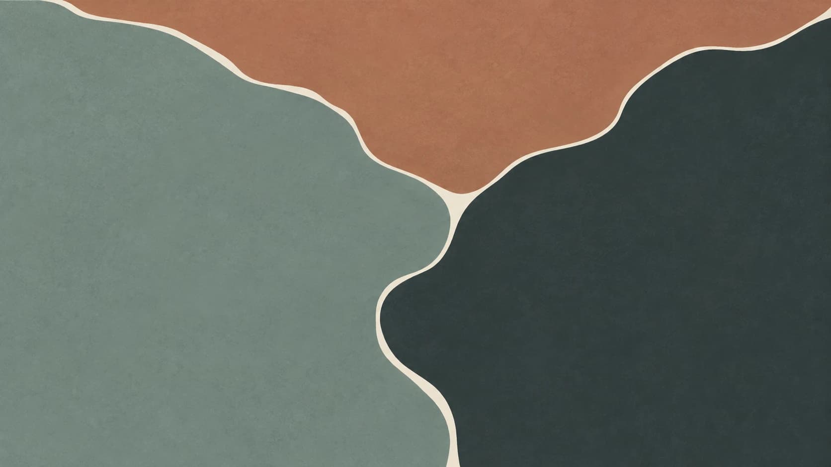 Broad gray-green and charcoal ink fields meet along an irregular vertical ivory seam beneath a clay-colored upper field.
