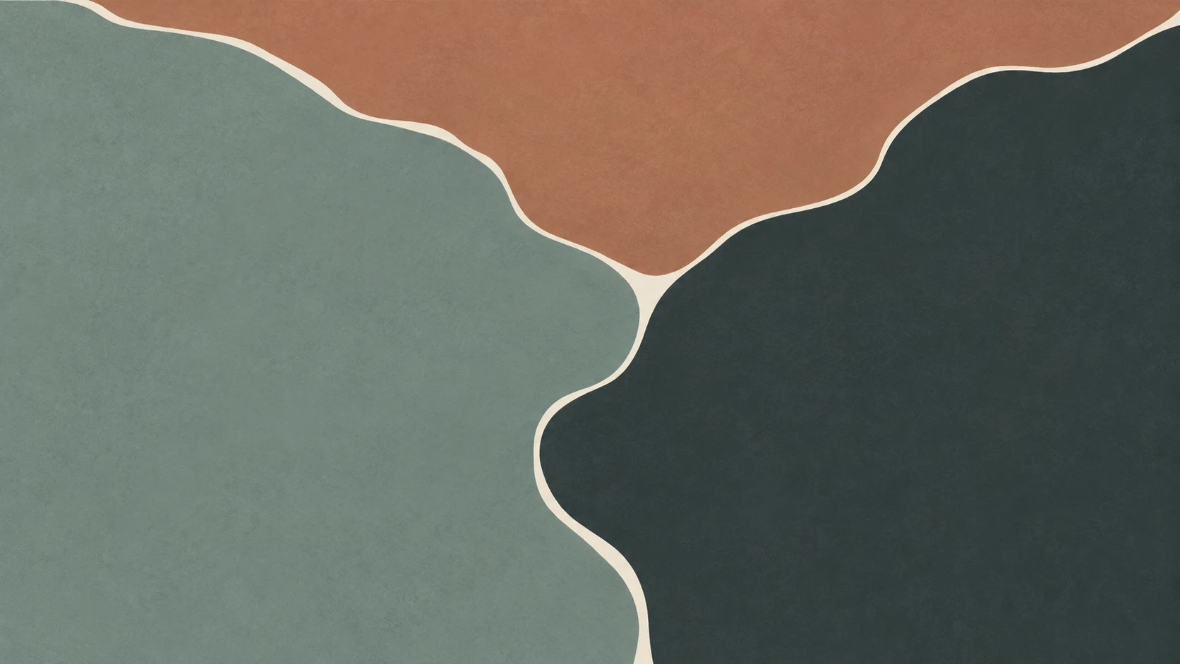 Broad gray-green and charcoal ink fields meet along an irregular vertical ivory seam beneath a clay-colored upper field.