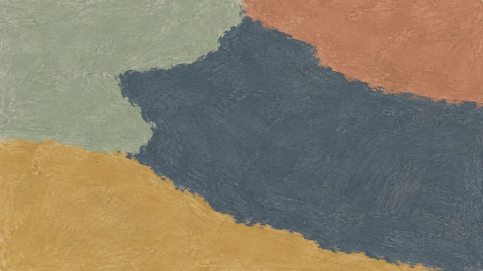 A broad rough slate pigment field enters from the right between sage, ochre and clay impressions with irregular dry pastel boundaries.