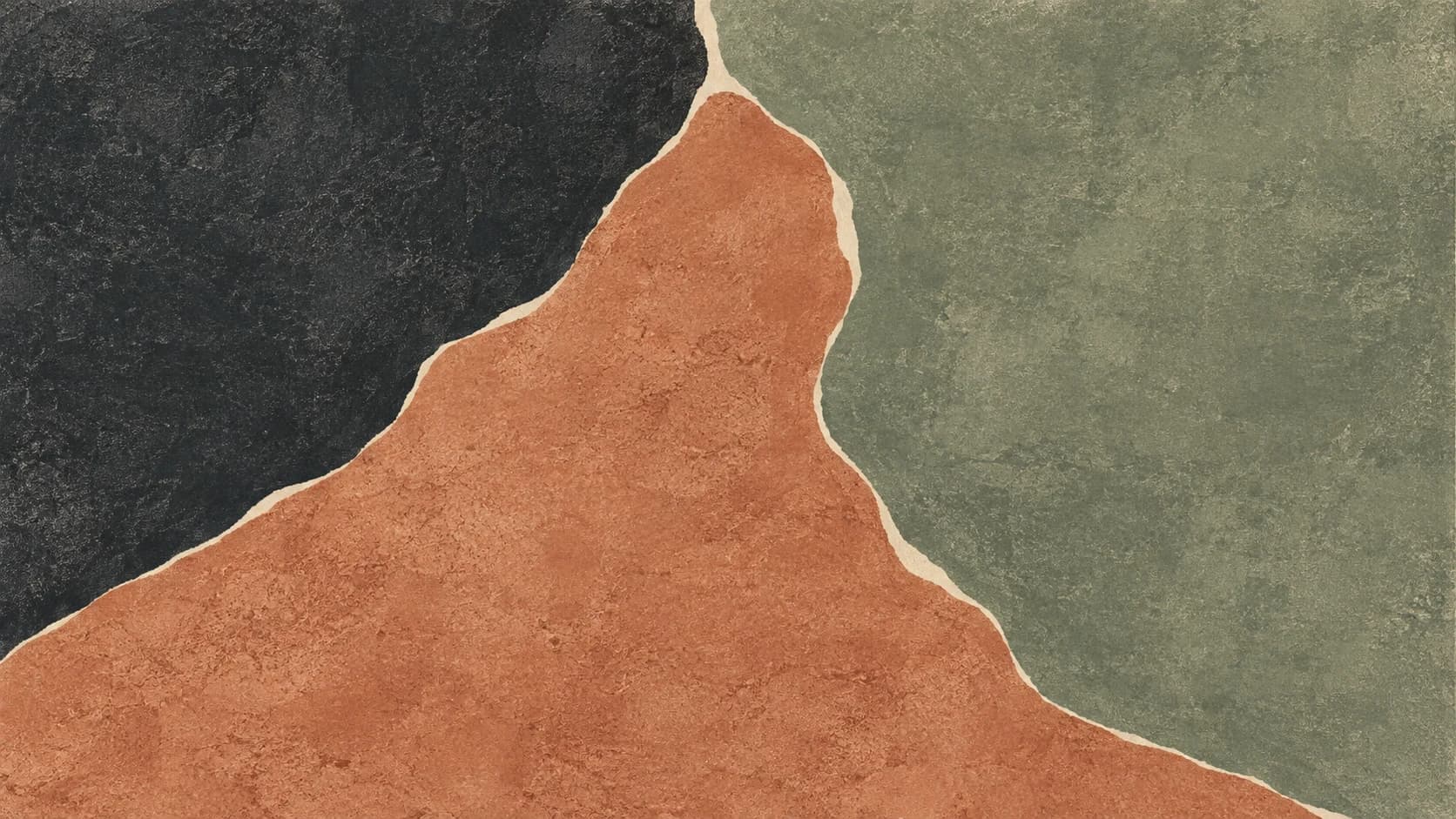 Broad charcoal, clay and muted green fields meet at irregular ivory edges across a matte textured surface.