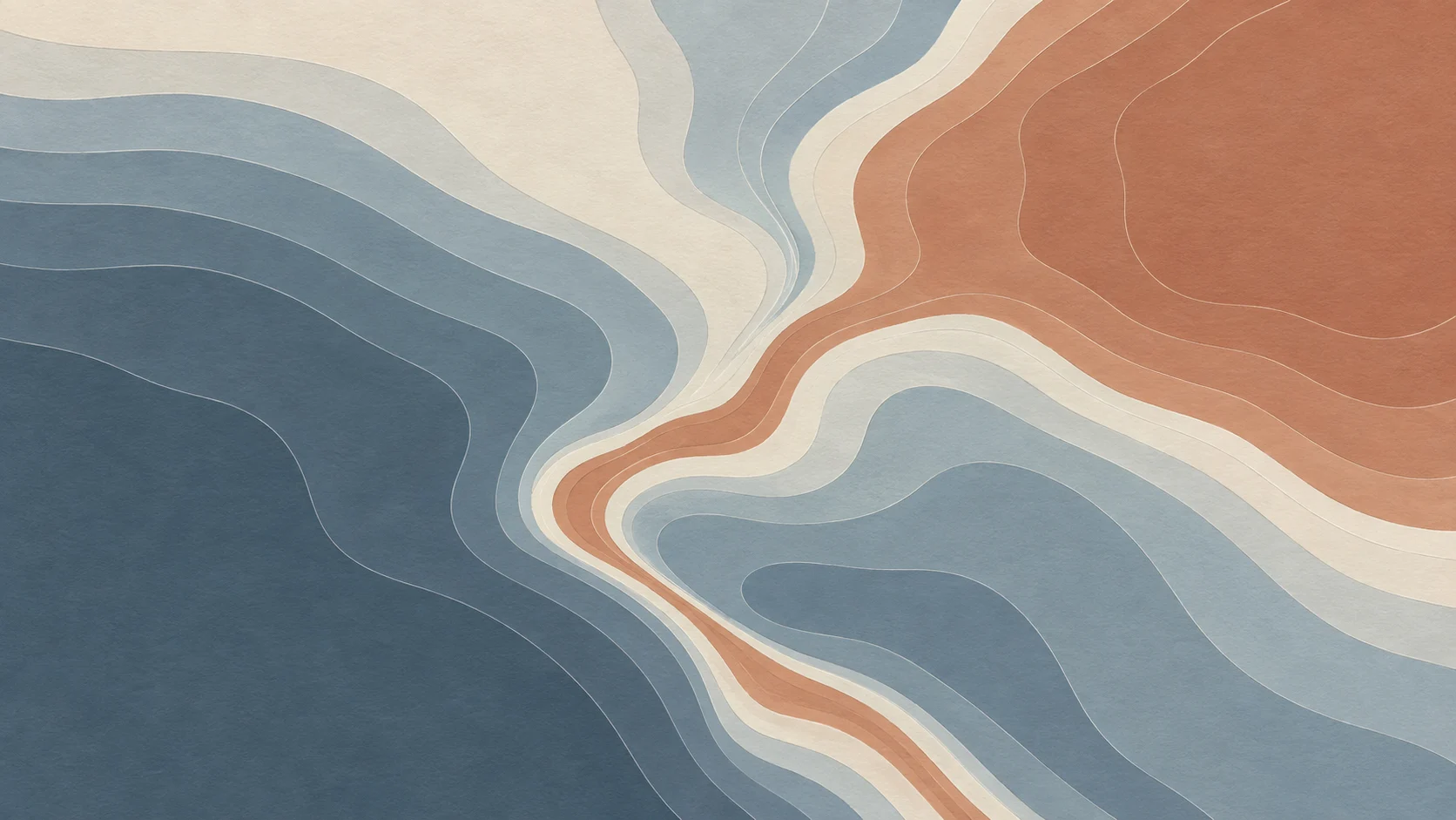 Broad slate blue and ivory contour bands meet along a warm terracotta path.