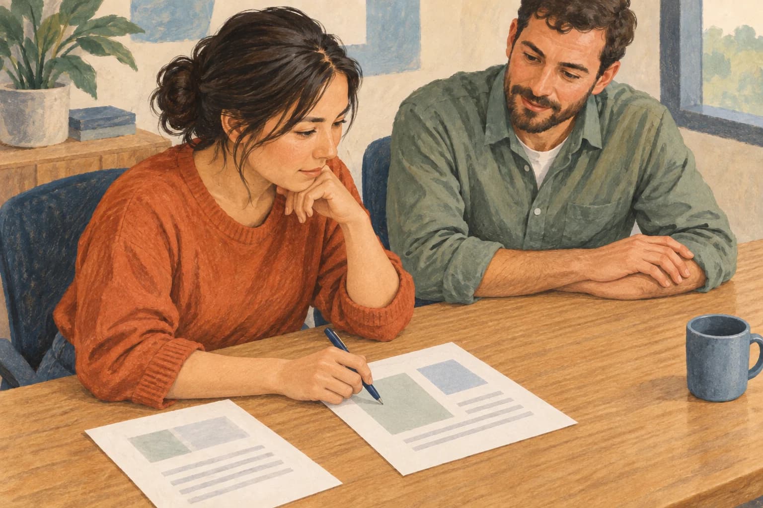 A colleague checks a document with a pen while a peer coach watches without taking over.