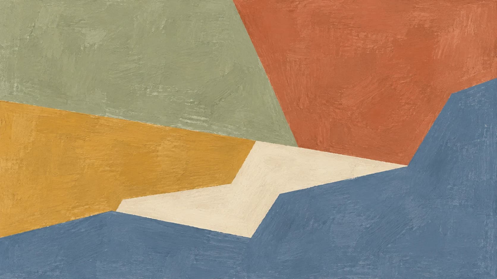 Broad slate-blue, sage, clay and ochre painted planes fit around a stepped ivory joint.