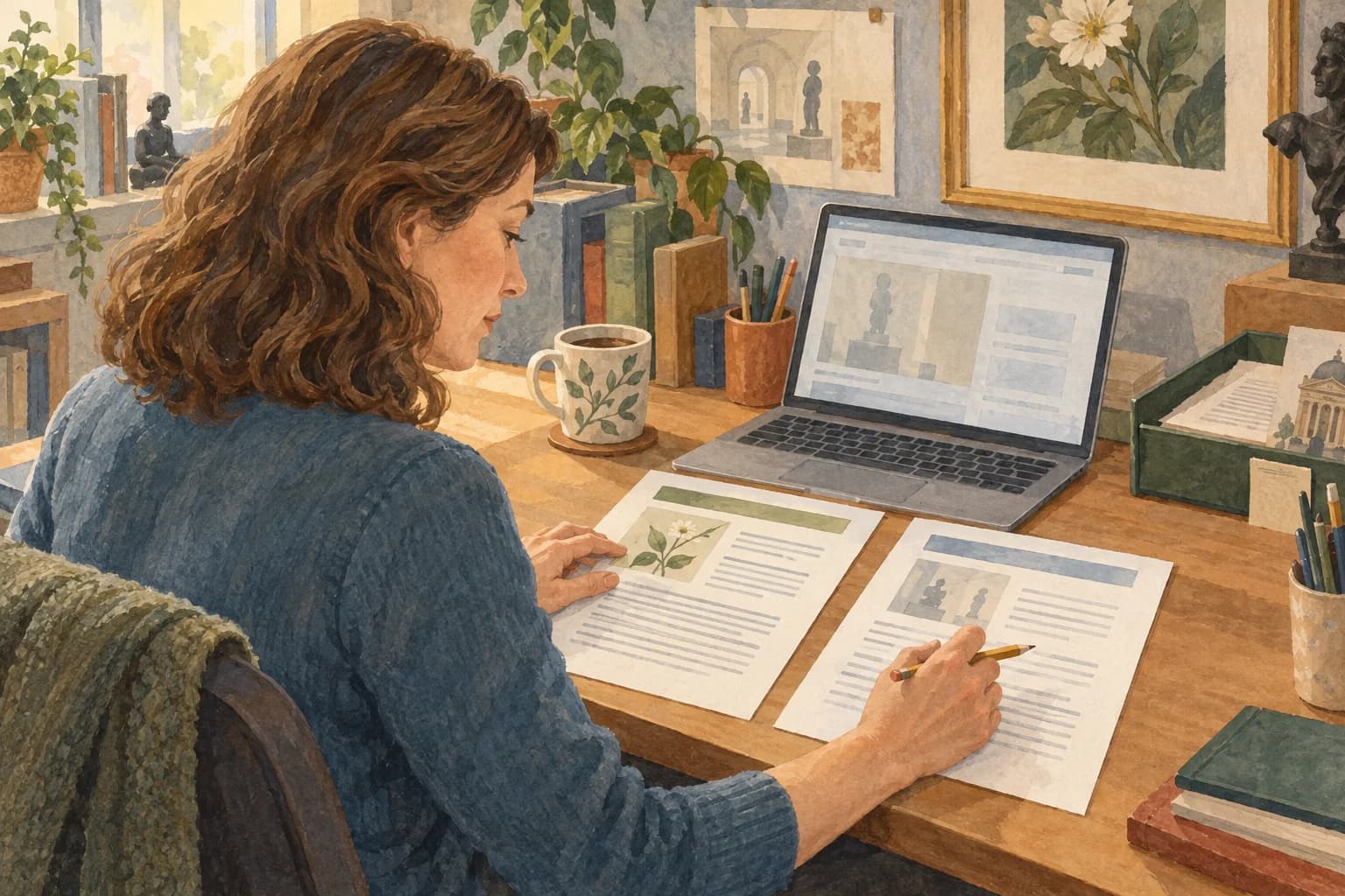 A museum communications editor compares an exhibition source sheet with a draft listing at her desk, with papers and laptop facing her.