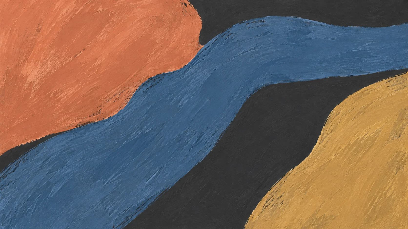A broad slate blue painted gesture turns against a coral field, with a separate ochre boundary on a charcoal ground.
