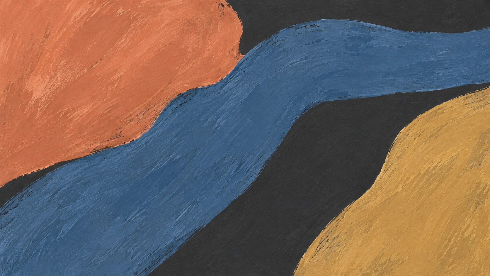 A broad slate blue painted gesture turns against a coral field, with a separate ochre boundary on a charcoal ground.