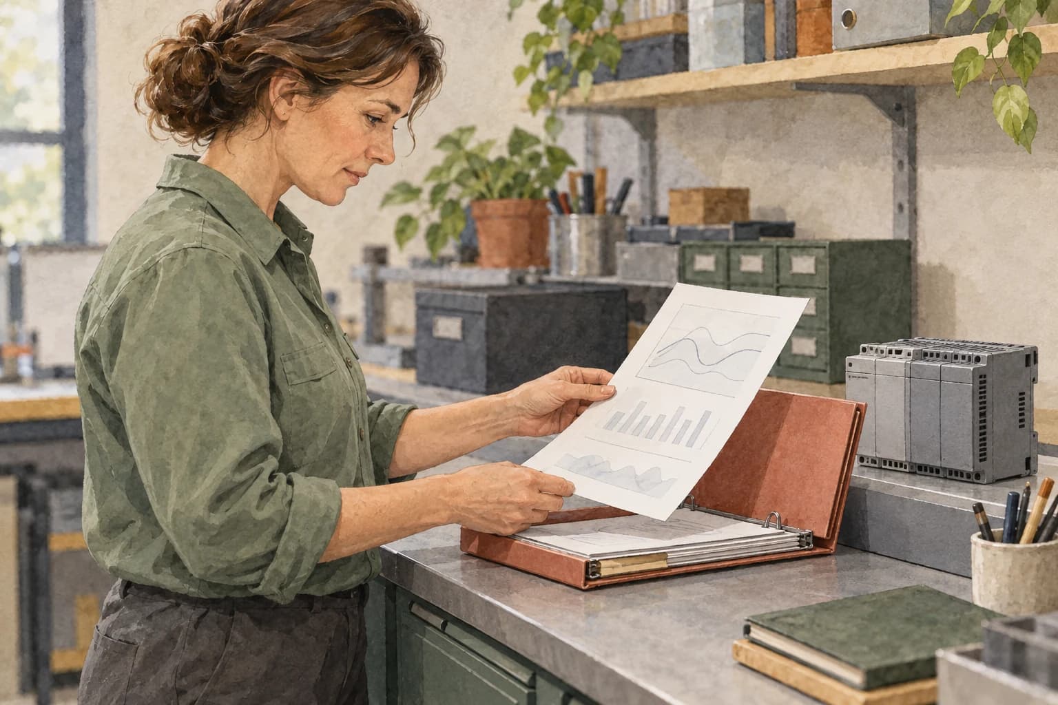 An engineer files a simulation-review sheet beside a disconnected training controller, with the page facing her.