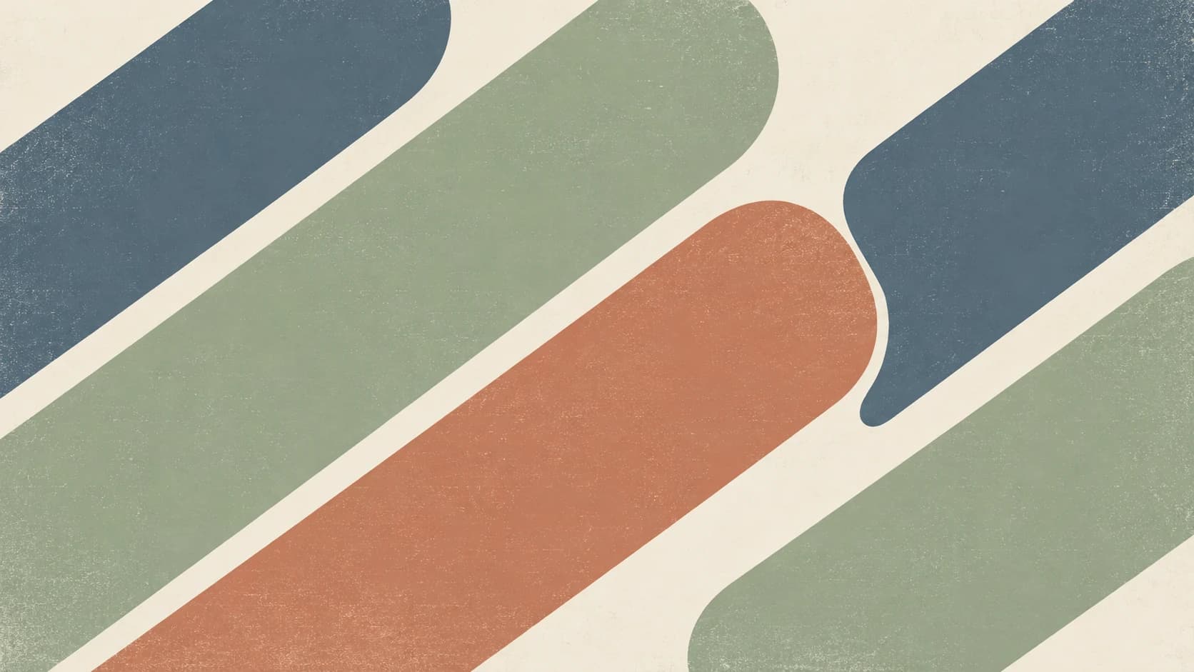 Broad diagonal slate and sage slot forms meet a terracotta checkpoint on opaque ivory paper.